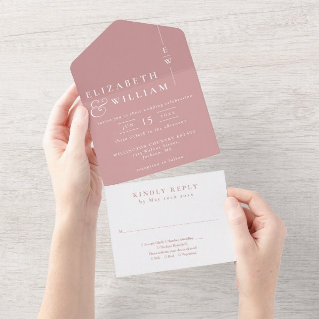 Dusty Rose Minimalist Elegant Monogram Wedding All In One Invitation (Tearaway)