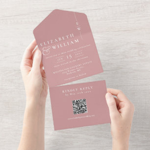 Dusty Rose Minimalist Monogram QR Code Wedding All In One Invitation