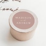 Dusty Rose Modern Elegance Personalised Wedding Classic Round Sticker<br><div class="desc">Seal your invitation envelopes or favours with our elegant wedding stickers. The custom wedding stickers feature your names in a white calligraphy script with a dusty rose/mauve background or colour of your choice. Design coordinates with our Modern Elegance wedding collection.</div>