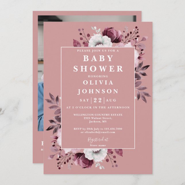 Dusty Rose Modern Floral Photo QR Code Baby Shower Invitation (Front/Back)