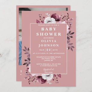 Dusty Rose Modern Floral Photo QR Code Baby Shower Invitation