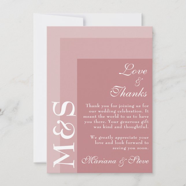 Dusty Rose Modern Initials Wedding Thank You Card (Front)