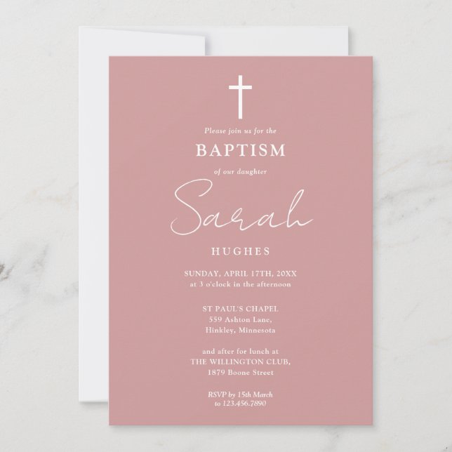 Dusty Rose Modern Minimalist Baptism Christening Invitation (Front)