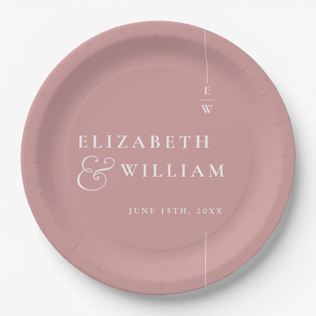 Dusty Rose Modern Minimalist Monogram Wedding Paper Plate (Front)