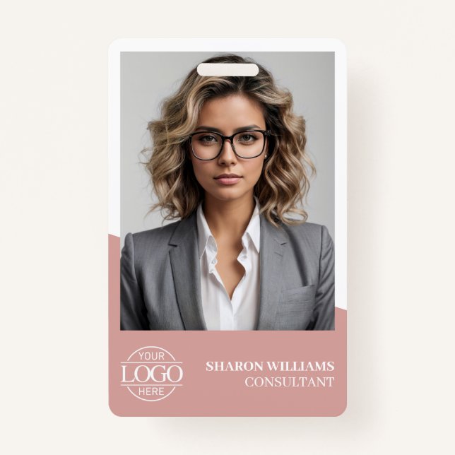 Dusty Rose Modern Personalised Employee Photo Logo ID Badge (Front)