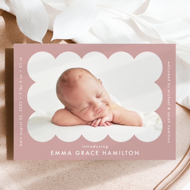 Dusty Rose Modern Scalloped Photo Frame Birth Announcement (Creator Uploaded)
