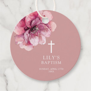 Dusty Rose Modern Watercolor Floral Baptism Favour Tags
