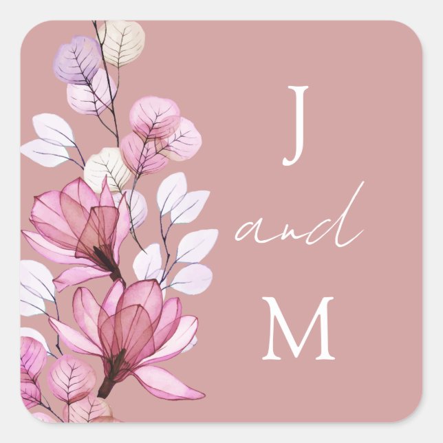 Dusty Rose Monogram Floral Wedding Favour Square Sticker (Front)