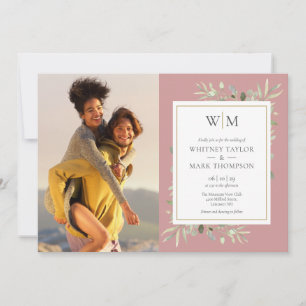 Dusty Rose Monogram Greenery Photo Wedding Invitation