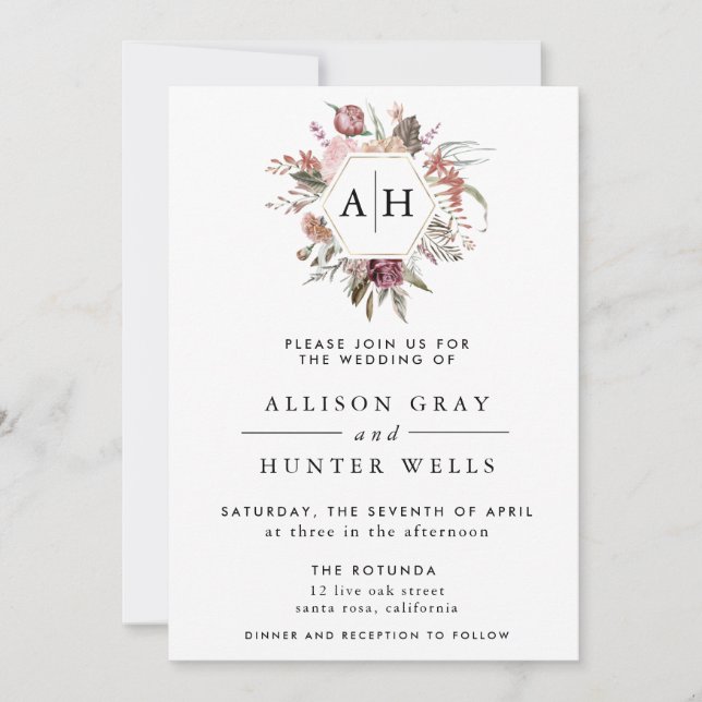 Dusty Rose Monogram Wedding Invitation (Front)