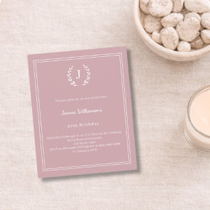 Dusty rose monogrammed wreath birthday invitation