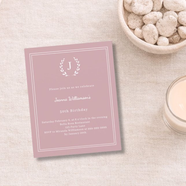 Dusty rose monogrammed wreath birthday invitation (Creator Uploaded)