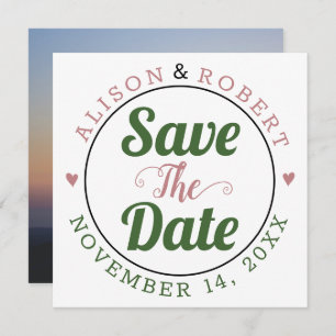 Dusty rose moss green typography photo on the back save the date