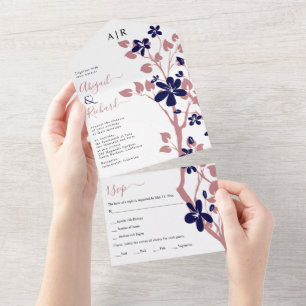 Dusty rose, navy blue branch with flowers wedding all in one invitation