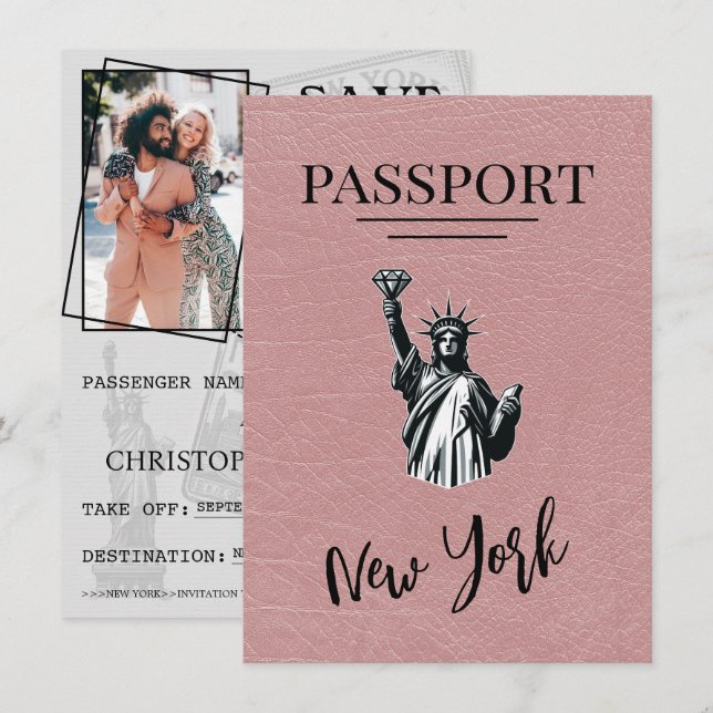 Dusty Rose New York City Passport Save The Date (Front/Back)