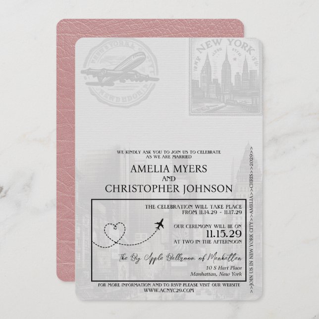 Dusty Rose New York City Passport Wedding Invitation (Front/Back)