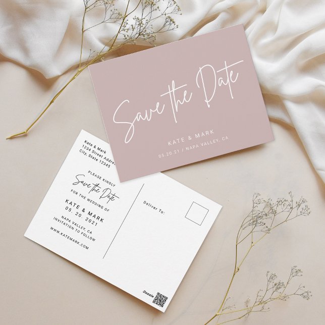 Dusty Rose Non-Photo Wedding Save the Date Postcard (Creator Uploaded)