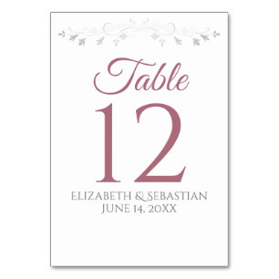 Dusty Rose on White Simple Elegant Wedding Table Number