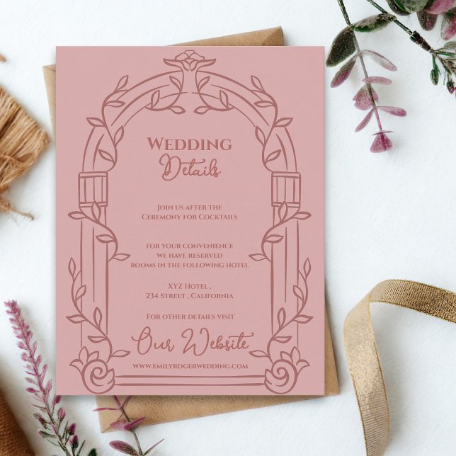 Dusty Rose Ornate Arch Botanical Wedding Details Enclosure Card (Dusty Rose Ornate Arch Botanical Wedding Details Card | Elegant Wedding Information Enclosure)