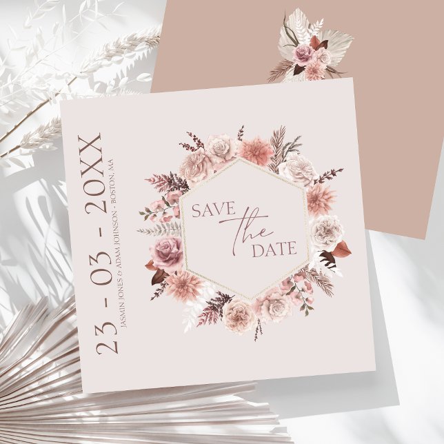 Dusty Rose Pampas Boho Save The Date (Boho Dusty Pink Dried Flowers Wreath Wedding Save The Date)