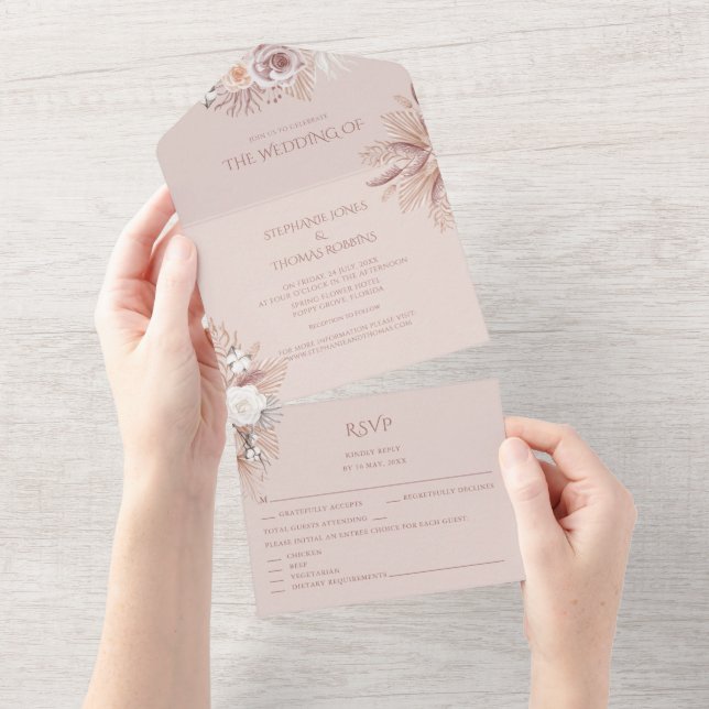 Dusty Rose Pampas Grass All in One Wedding Invite (Tearaway)