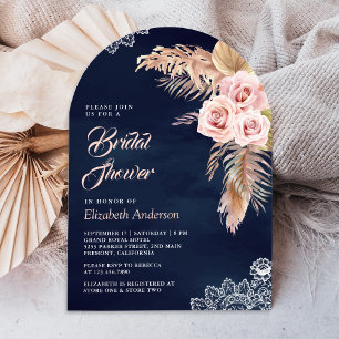 Dusty Rose Pampas Grass Arch Navy Bridal Shower Invitation