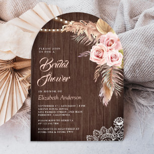 Dusty Rose Pampas Grass Arch Wood Bridal Shower Invitation