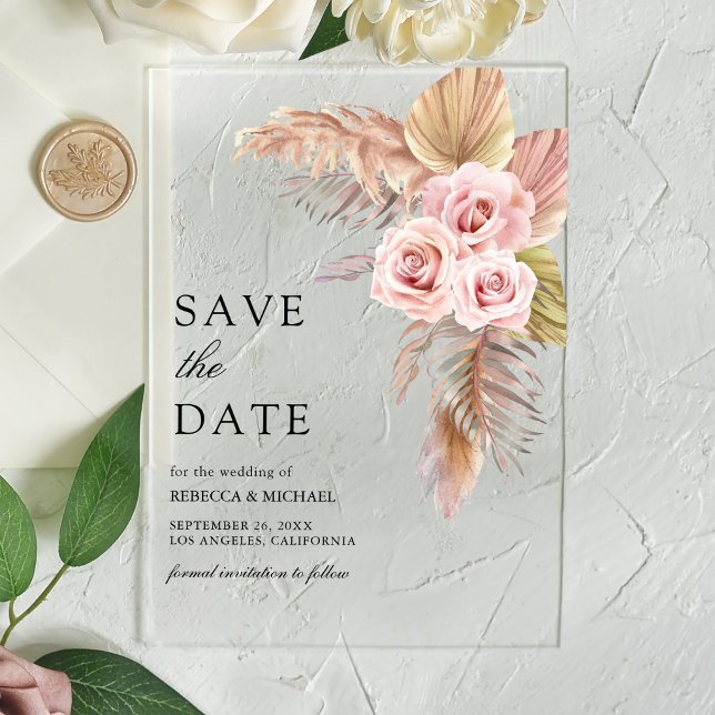 Dusty Rose Pampas Grass Wedding Save the Date Acrylic Invitations (Creator Uploaded)