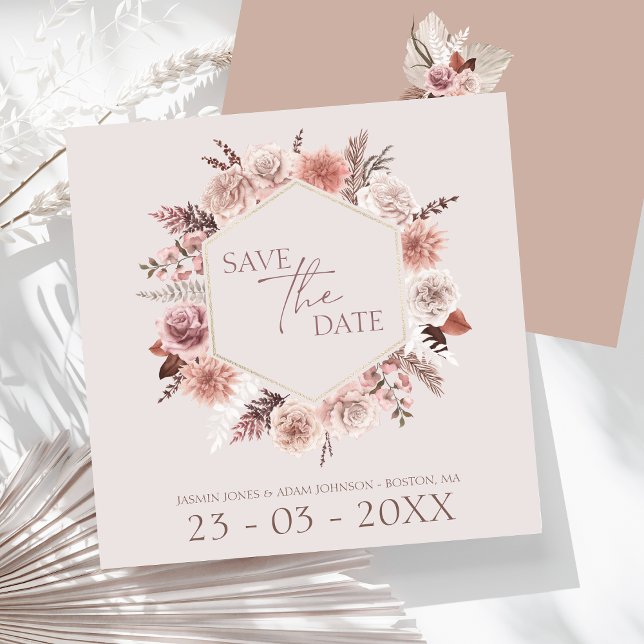 Dusty Rose Pampas Grass Wreath Save The Date (Boho Dusty Pink Dried Flowers Wreath Wedding Save The Date)