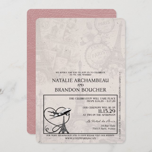 Dusty Rose Paris Passport Wedding Invitation (Front/Back)