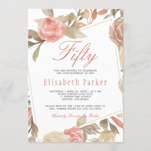 Dusty Rose Peach Cream Floral 50th Birthday Party Invitation