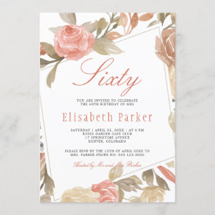 Dusty Rose Peach Cream Floral 60th Birthday Party Invitation