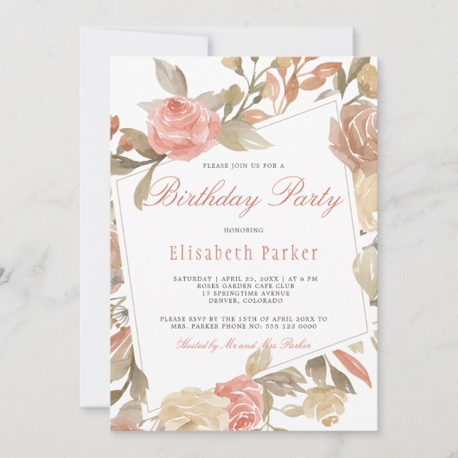 Dusty Rose Peach Cream Floral Birthday Party Invitation (Front)