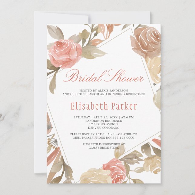 Dusty Rose Peach Cream Floral Bridal Shower Invitation (Front)