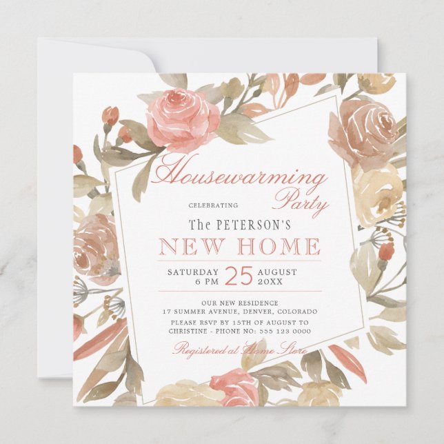 Dusty Rose Peach Cream Floral Housewarming Party Invitation (Front)