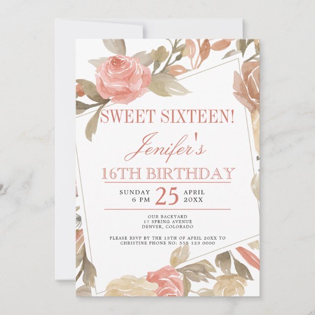 Dusty Rose Peach Cream Floral Sweet Sixteen Invitation (Front)