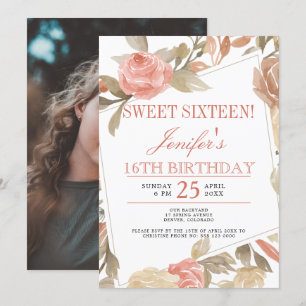 Dusty Rose Peach Cream Floral Sweet Sixteen PHOTO Invitation