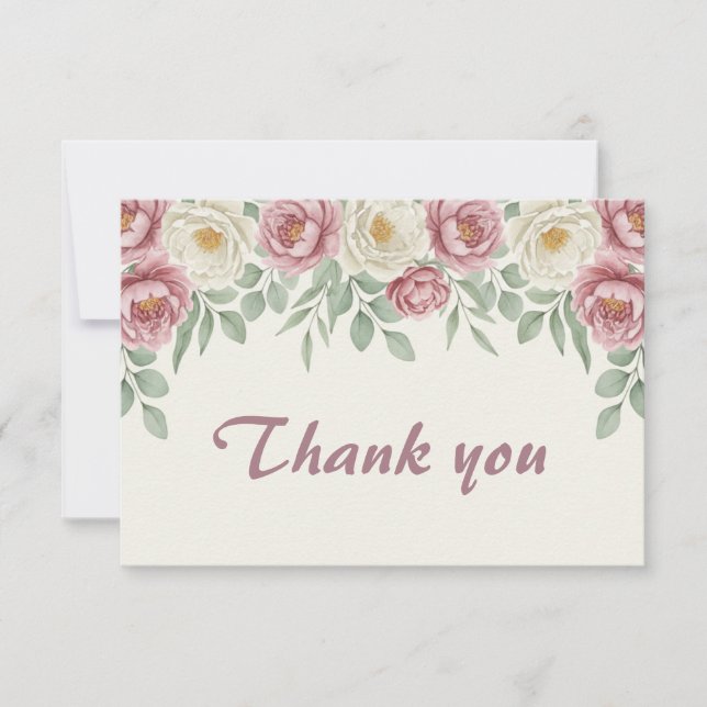 Dusty Rose Peony Bridal Shower Thank You Card (Front)