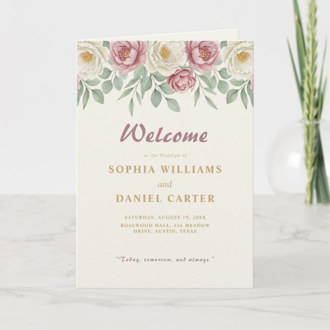 Dusty Rose Peony Floral Folded Wedding Program (Front)