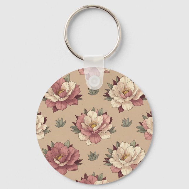 Dusty Rose Peony Floral Seamless Pattern  Key Ring (Front)