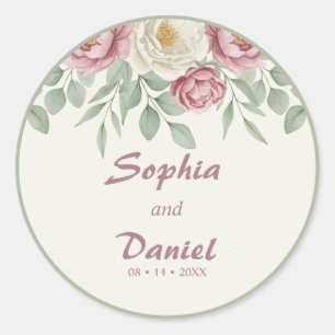 Dusty Rose Peony Floral Wedding Round Sticker