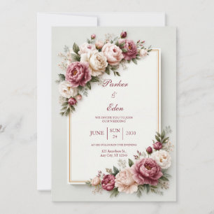 Dusty Rose Peony Gold Floral Frame Wedding Invitation