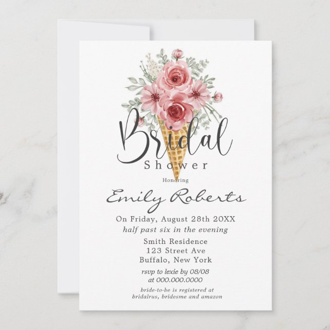 Dusty Rose Peony Ice Cream Cone Bridal Shower Invi Invitation (Front)
