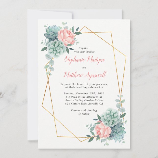 Dusty Rose Peony Succulent Geometric Wedding Invitation (Front)