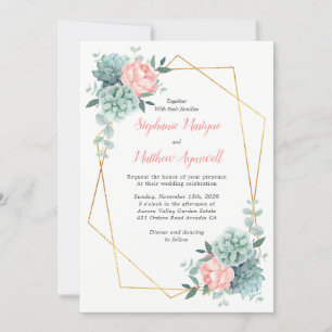 Dusty Rose Peony Succulent Geometric Wedding Invitation