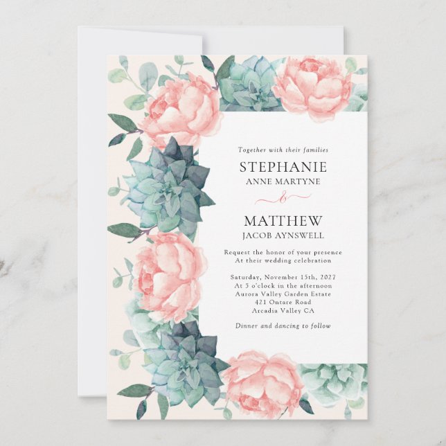 Dusty Rose Peony Succulents Eucalyptus Wedding Invitation (Front)