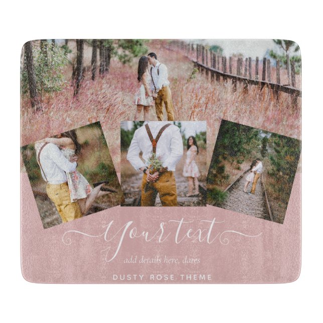 Dusty Rose PHOTO COLLAGE Custom WEDDING GIFT Cutting Board (Front)