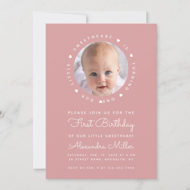 Dusty Rose Photo Girl Birthday Little Sweetheart  Invitation (Front)