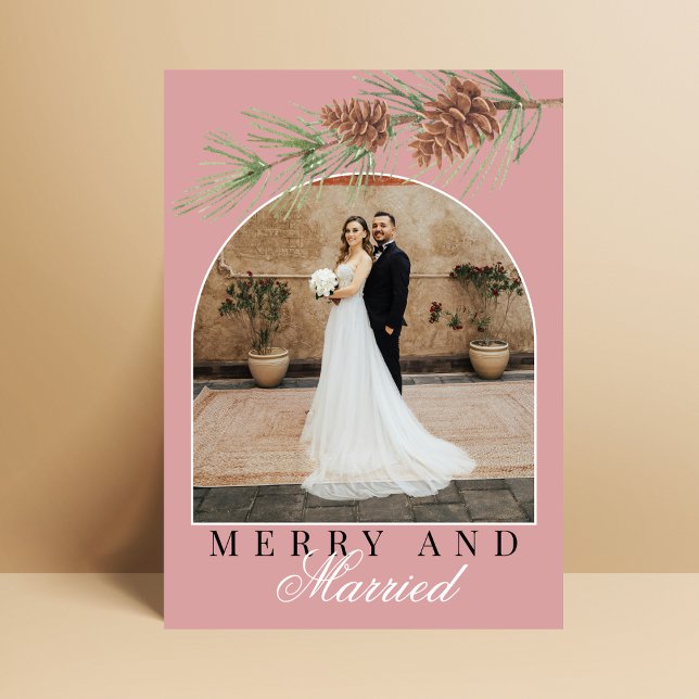 Dusty Rose Pine Merry & Married Photo Christmas Holiday Card (Creator Uploaded)
