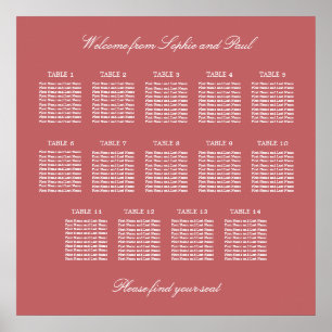 Dusty Rose Pink 14 Table Seating Chart Poster